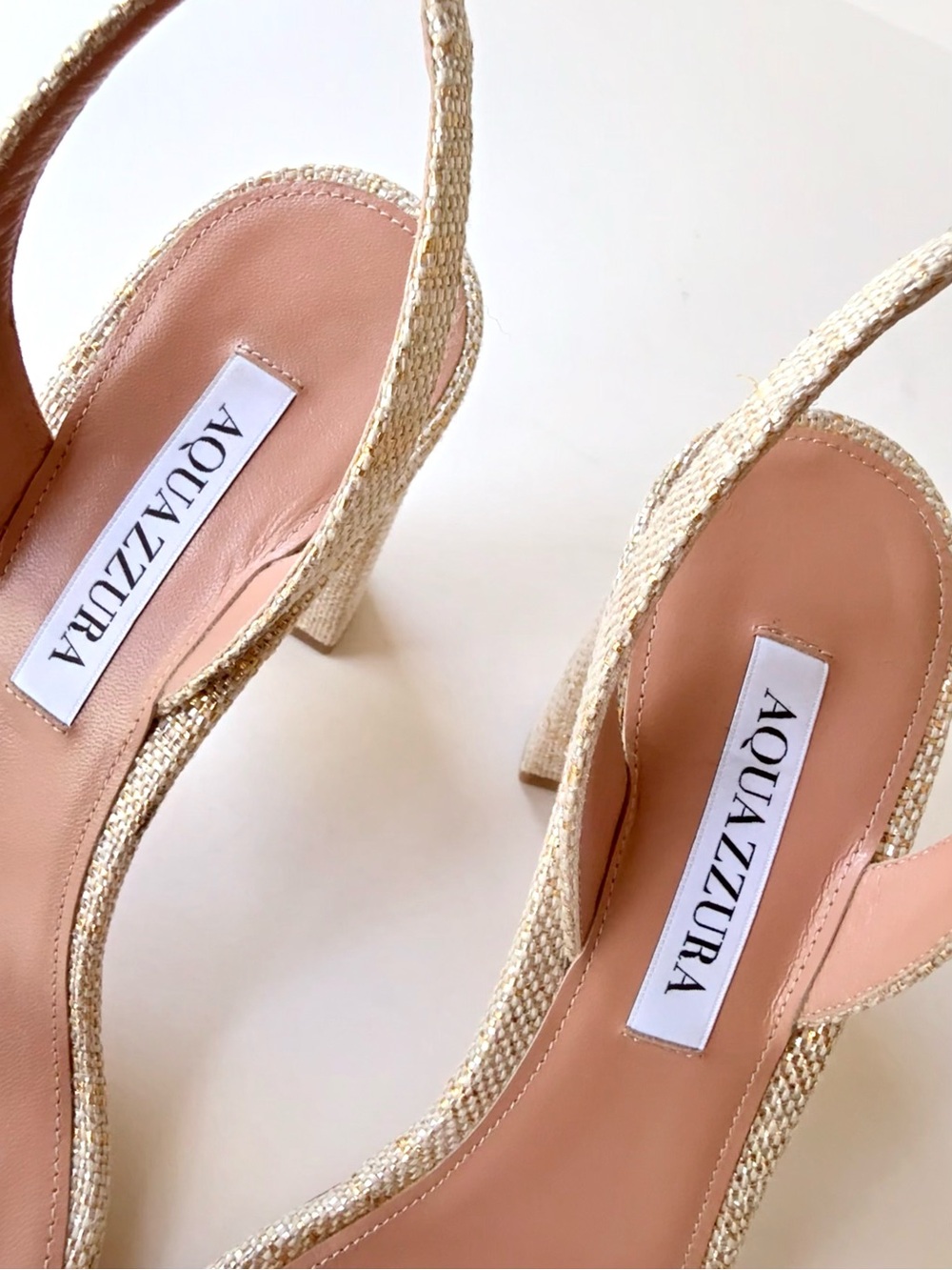 NWOB Aquazzura So Nude 85MM Metallic Sandals Woven Textile Gold Leather 39 $695 - Picture 9 of 12